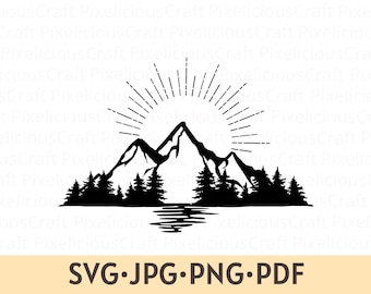 Mountain Silhouette SVG: Forest, Sun, Hiking Designs (Digital Download)