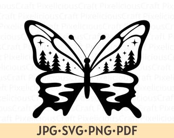 Schmetterling-Svg-Png, Kiefer-Baum-Szene Wald-Silhouette, Schmetterling-Svg-Datei, Natur Schmetterling Silhouette, Waldhochzeit, Silhouette Cricut png