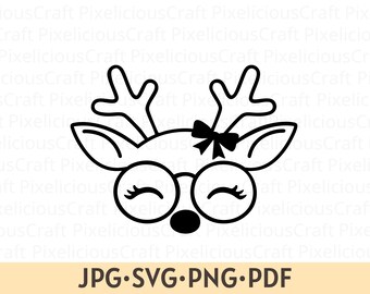 Rentier Gesicht mit Schleife SVG PNG: Weihnachten Rentier Kopf Geweih Brille, Urlaubsdesign, Cut Files, Hirsch Umriss - Sofortiger digitaler Download