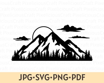 Berg Silhouette SVG PNG: Wald, Sonne, Wolken (Digitaler Download)