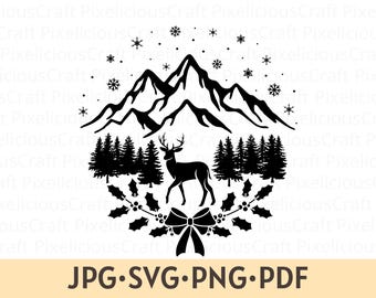 Weihnachten Berg Szene SVG PNG: Hirsch Weihnachtsverzierung Design, Schneeflocken, Winter Silhouette (digitaler Download)