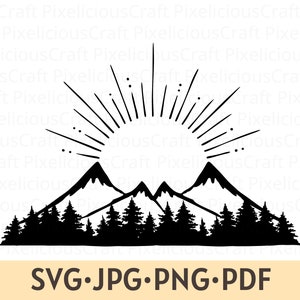 May include: Black and white silhouette of a mountain range with a sunburst above. The mountains are in the foreground and the sunburst is in the background. The image is a simple design that would be great for a logo or a print.
