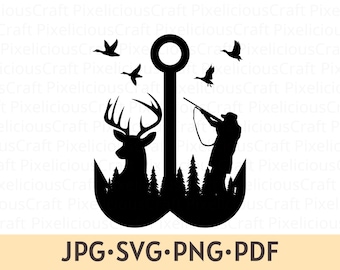 Hirsch Jäger Angelhaken Silhouette, Entenjagd SVG, PNG (digitaler Download)