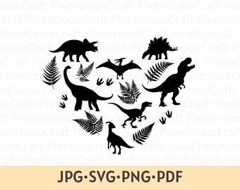 Dinosaurier-Herz SVG PNG: Dinosaurier-Valentinstag-Design, Dinosaurier-Svg-Kinder, Valentinstag-Schnittdatei Cricut Silhouette-Svg