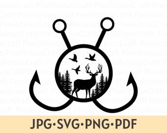 Hirsch jagen SVG PNG: Angelhaken Silhouette, Camping Design (Digitaler Download)