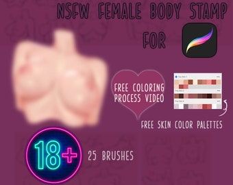 May include: A digital illustration of a female body stamp for use with Procreate. The image includes a blurred image of the stamp, a heart with the text "Free Coloring Process Video", a color palette with the text "Free Skin Color Palettes", and a neon pink and blue circle with the text "18+ 25 Brushes".