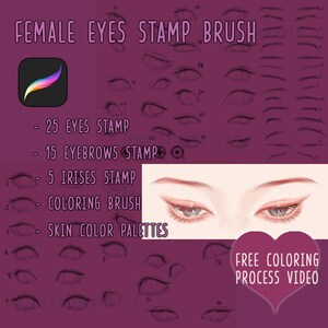Puede incluir: Un conjunto de pinceles digitales para dibujar ojos femeninos. El conjunto incluye 25 sellos de ojos, 15 sellos de cejas, 5 sellos de iris, un pincel para colorear y paletas de colores de piel. La imagen también incluye un video gratuito del proceso de coloración.