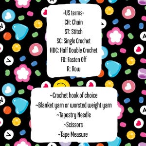 May include: A black background is covered with colorful shapes and text. Two white rectangles contain text about crochet terms and supplies. The top rectangle lists US crochet terms. The bottom rectangle lists crochet supplies.
