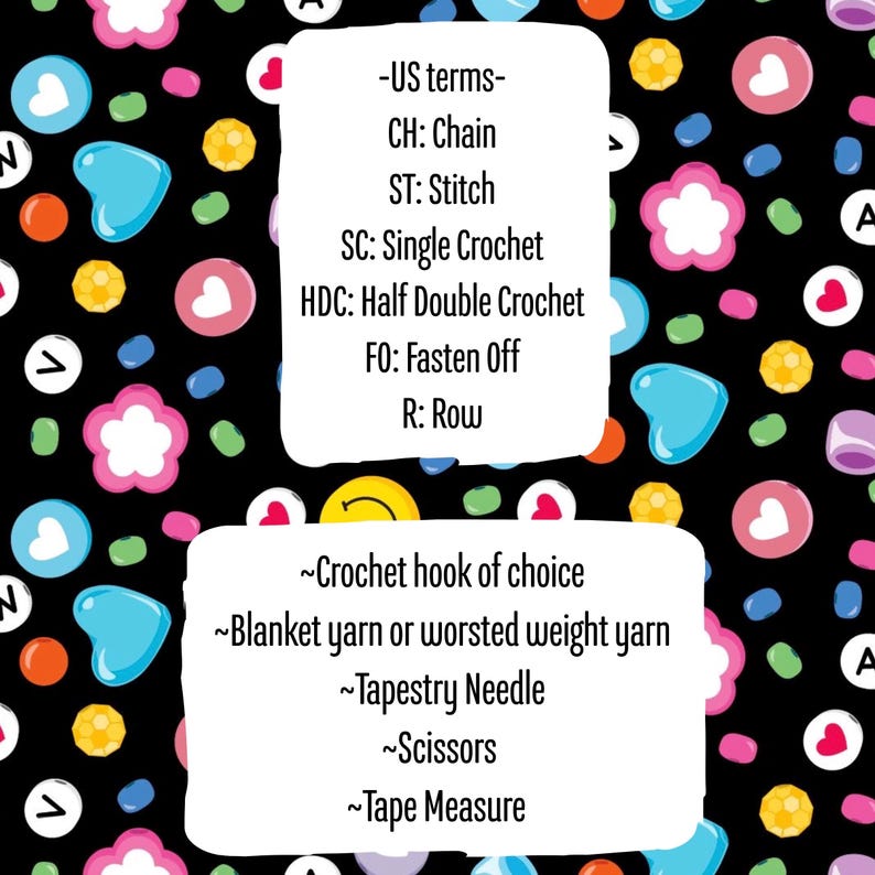 May include: A black background is covered with colorful shapes and text. Two white rectangles contain text about crochet terms and supplies. The top rectangle lists US crochet terms. The bottom rectangle lists crochet supplies.