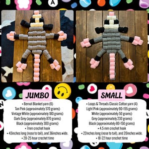 May include: Two handmade crochet possums, one large and one small, are displayed on a wooden surface. The larger possum is 43 inches long and 36 inches wide, while the smaller one is 22 inches long and 20 inches wide. Both feature pink, white, gray, and black yarn.