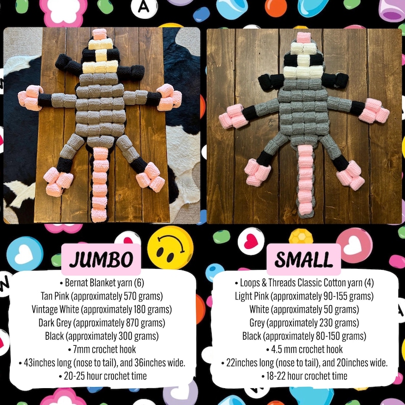 May include: Two handmade crochet possums, one large and one small, are displayed on a wooden surface. The larger possum is 43 inches long and 36 inches wide, while the smaller one is 22 inches long and 20 inches wide. Both feature pink, white, gray, and black yarn.