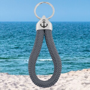 Sailing rope key ring with engraved anchor motif, rope color dark gray for car keys or front door keys