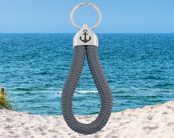 Sailing rope key ring with engraved anchor motif, rope color dark gray for car keys or front door keys