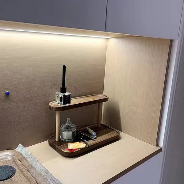 Walnuss Schreibtisch Organizer: Zweilagiges Holz Aufbewahrungsregal für Tassen, Parfums und Hautpflege