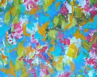 May include: Abstract painting with a vibrant mix of colors. The artwork features a background of light blue, overlaid with strokes of yellow, orange, and pink. The brushstrokes create a textured, dynamic composition.