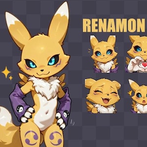 Peut inclure: Un pack de stickers représentant un personnage jaune ressemblant à un renard avec des accents violets. Le personnage est présenté dans différentes poses et expressions, notamment en clin d'œil, en souriant et en tenant un cœur. Le pack de stickers comprend des tailles allant de 28 x 28 pixels à 256 x 256 pixels.