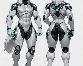 以下が含まれることがあります： 白と黒のスーツに、光るターコイズのアクセントが施された、未来的な擬人化されたオオカミのキャラクターのデジタルイラスト。 キャラクターは筋肉質で、ターコイズのバイザーが付いたロボットのような頭をしています。 前面と背面の両方のビュー。
