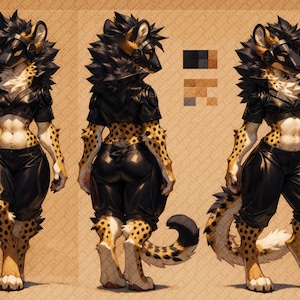May include: A cheetah-like furry character with black and yellow spots, wearing a black leather outfit and a black mask. The character is shown in three poses, from the front, side, and back.