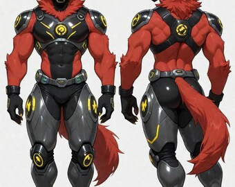 以下が含まれることがあります： 未来的な鎧を着た、赤と黒の人型オオカミのキャラクターの全身イラスト。キャラクターは、黄色のアクセントが付いた黒いヘルメット、赤い毛皮のたてがみ、長い赤い尻尾を持っています。鎧は黒とグレーで、黄色の円形デザインが施されています。