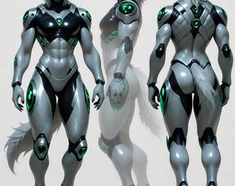 以下が含まれることがあります： 未来的な擬人化されたオオカミのキャラクターのデジタルアートワーク。キャラクターは、緑色の光るアクセントが付いた、洗練されたシルバーと黒の装甲スーツで描かれています。画像は、さまざまな角度からキャラクターを示しています。