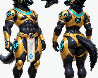 以下が含まれることがあります： 黒と金の配色で、オオカミのような頭を持つ人型フィギュアのデジタルアートイラスト。未来的な鎧と青色の光るアクセントで飾られています。画像は、キャラクターを複数の角度から表示しています。