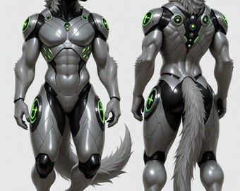 以下が含まれることがあります： 緑色のアクセントが付いた、銀と黒のロボットスーツを着た未来的な擬人化オオカミのキャラクター。キャラクターは、黒いバイザーとふわふわの灰色のたてがみと尾を持つオオカミのような頭をしています。スーツには詳細な鎧板が付いています。