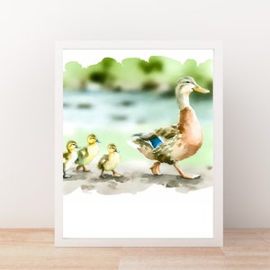Mama and ducklings nursery digital watercolor print
