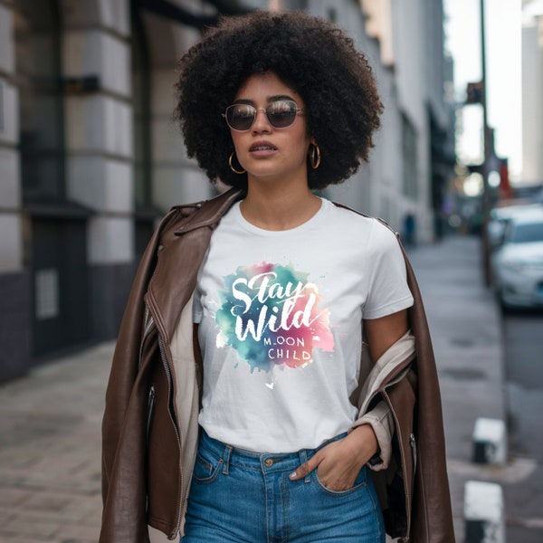 Stay Wild Moon Child T-Shirt - Bohemian Style Watercolor Art Tee for Free Spirits and Astrology Lovers