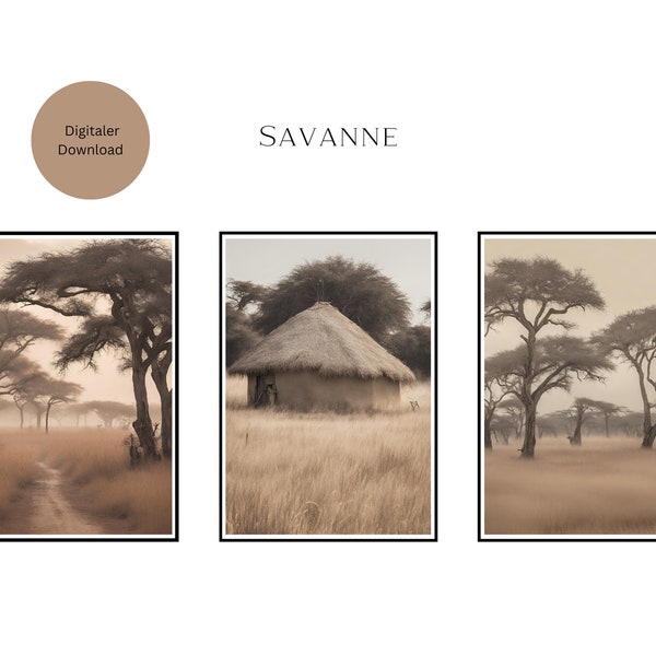 3 Poster Savanne Serenade: Ein Trio in Natürlichen Nuancen, Digitaler Download, Wanddekor, Wandbild Afrika