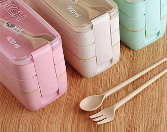 100% Food Grade Material Wheat Straw 3 Layer Food Container Lunch Box with Spoon and Fork