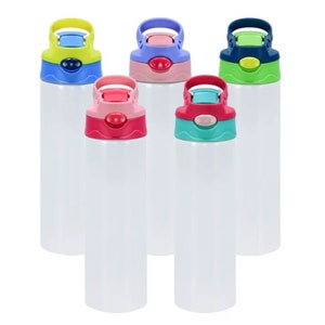 May include: Five stainless steel water bottles with colourful lids. The lids have a flip-top design and are available in blue, green, pink, purple and red.
