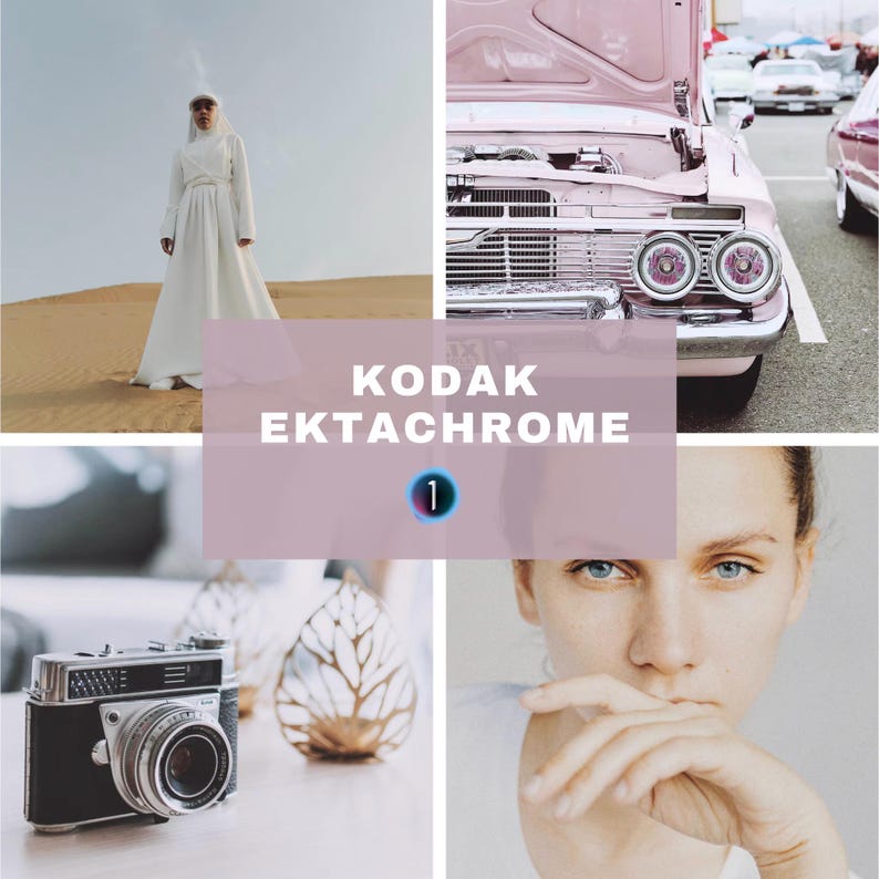 May include: A four-image collage. Top left: a person in white clothing in a desert. Top right: a pink classic car. Bottom left: a vintage camera. Bottom right: a person with blue eyes. The text "KODAK EKTACHROME" is displayed.