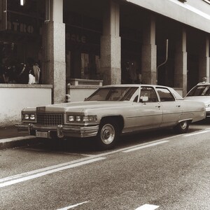 Puede incluir: Un Cadillac sed&aacute;n vintage de color gris claro estacionado frente a un edificio. El coche tiene una matr&iacute;cula negra con las letras "ZA-656-HJ".