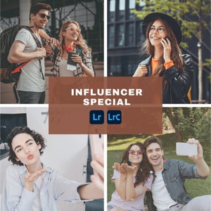 May include: A collage of four images featuring people in various outdoor settings. The images include a couple with backpacks, a woman on the phone, a person blowing a kiss, and a couple taking a selfie. The text "INFLUENCER SPECIAL" is displayed with "Lr" and "Lrc" logos.