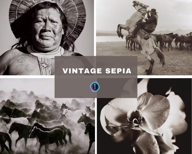 May include: A selection of vintage sepia-toned photographs. The images feature a portrait of a person in a headdress, a cowboy on a rearing horse, a herd of running horses, and a close-up of an orchid flower.