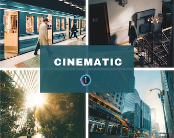 May include: A collage of four images with the word "CINEMATIC" in large, bold letters in the center. The top left image shows a blue subway train in a station. The top right image shows a person walking up a staircase in a building with a dark interior. The bottom left image shows a person walking through a green, sunlit garden. The bottom right image shows a bus on a city street with tall buildings in the background.