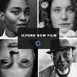 May include: A monochrome collage of four portraits. The top left shows a person with short hair, the top right shows a person with curly hair and flowers, the bottom left shows a person with closed eyes, and the bottom right shows an older person wearing a hat. The text "ILFORD B&W FILM" is in the centre.