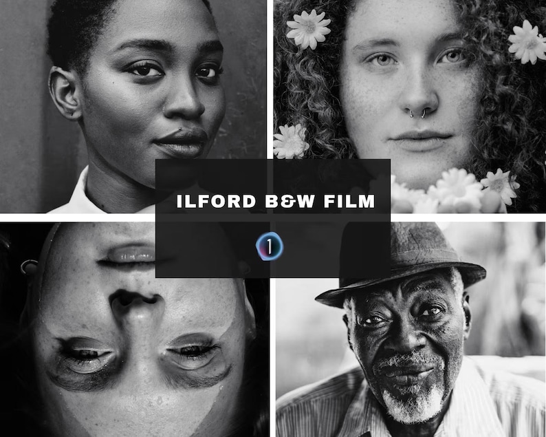 May include: A monochrome collage of four portraits. The top left shows a person with short hair, the top right shows a person with curly hair and flowers, the bottom left shows a person with closed eyes, and the bottom right shows an older person wearing a hat. The text "ILFORD B&W FILM" is in the centre.