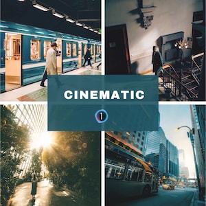 May include: A four-image collage with a cinematic theme. The top left shows a subway train. The top right shows a person walking down a staircase. The bottom left shows a person walking in a garden. The bottom right shows a city bus. The word "CINEMATIC" is displayed.