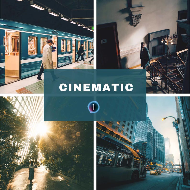 May include: A four-image collage with a cinematic theme. The top left shows a subway train. The top right shows a person walking down a staircase. The bottom left shows a person walking in a garden. The bottom right shows a city bus. The word "CINEMATIC" is displayed.