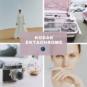 Puede incluir: Un collage de cuatro imágenes: una mujer con un vestido blanco de pie en un desierto, un coche rosa con el capó abierto, un primer plano de la cara de una mujer y una cámara sobre una mesa con un objeto decorativo. El texto "KODAK EKTACHROME 1" está en el centro del collage.