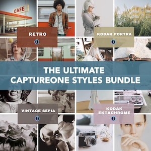以下が含まれることがあります： さまざまな写真スタイルを組み合わせたコラージュ画像。「THE ULTIMATE CAPTUREONE STYLES BUNDLE」のテキストが表示されています。「Retro」、「Kodak Portra」、「Vintage Sepia」、「Kodak Ektachrome」などのスタイルが含まれています。