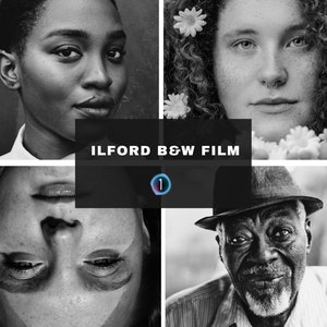 Può includere: Un collage fotografico in bianco e nero di quattro volti. L'immagine è intitolata "ILFORD B&W FILM 1".