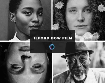 May include: A black and white photo collage of four people's faces. The image is titled "ILFORD B&W FILM 1".