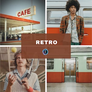 May include: A collage of four images with a retro theme. The top left image shows a red and white cafe sign with the word "CAFE" in white letters. The top right image shows a person wearing a plaid jacket and a floral shirt standing in front of a red and white van. The bottom left image shows a person wearing a white sweater and a headband holding a tennis racket and a tennis ball. The bottom right image shows a red and green train car with an open doorway.