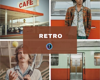 May include: A collage of four images with a retro theme. The top left image shows a red and white cafe sign with the word "CAFE" in white letters. The top right image shows a person wearing a plaid jacket and a floral shirt standing in front of a red and white van. The bottom left image shows a person wearing a white sweater and a headband holding a tennis racket and a tennis ball. The bottom right image shows a red and green train carriage with an open doorway.