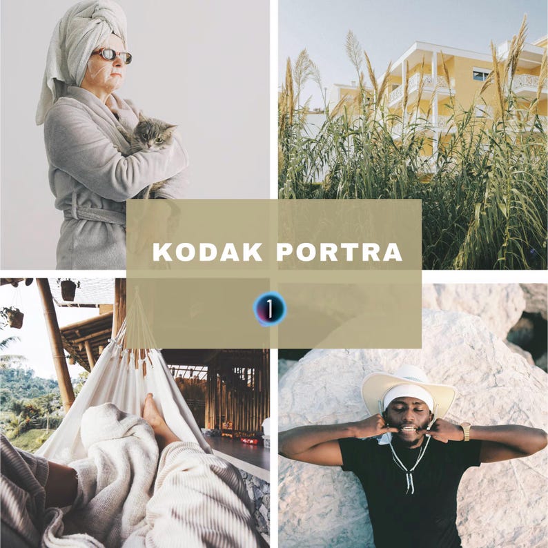 May include: A four-image collage. Top left: a person in a robe and towel holding a cat. Top right: a building behind tall grass. Bottom left: a person in a hammock. Bottom right: a person making a face. The text "KODAK PORTRA" is in the centre.
