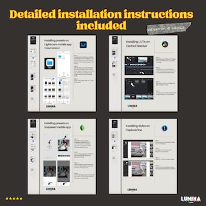 Puede incluir: Cuatro capturas de pantalla que muestran las instrucciones para instalar ajustes preestablecidos y LUT en diferentes aplicaciones de edici&oacute;n m&oacute;viles y de escritorio. Las aplicaciones incluyen Lightroom, Snapseed, Davinci Resolve y CaptureOne. Las capturas de pantalla muestran los pasos para instalar los ajustes preestablecidos y las LUT en cada aplicaci&oacute;n.