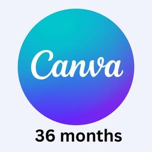 Puede incluir: Un gr&aacute;fico circular con un degradado azul y turquesa, con la palabra blanca "Canva". Debajo del c&iacute;rculo, el texto "36 meses" se muestra en negro.