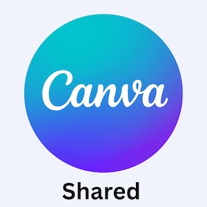 Pode incluir: Gr&aacute;fico com o logotipo Canva em texto branco sobre um c&iacute;rculo gradiente azul e verde-azulado. A palavra "Shared" &eacute; exibida em texto preto abaixo do c&iacute;rculo.